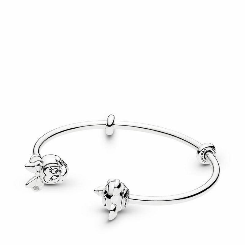 Pandora Disney, Mickey & Minnie Open Bangle Bracelet Ireland - Sterling Silver/Silicone - 827390SQL